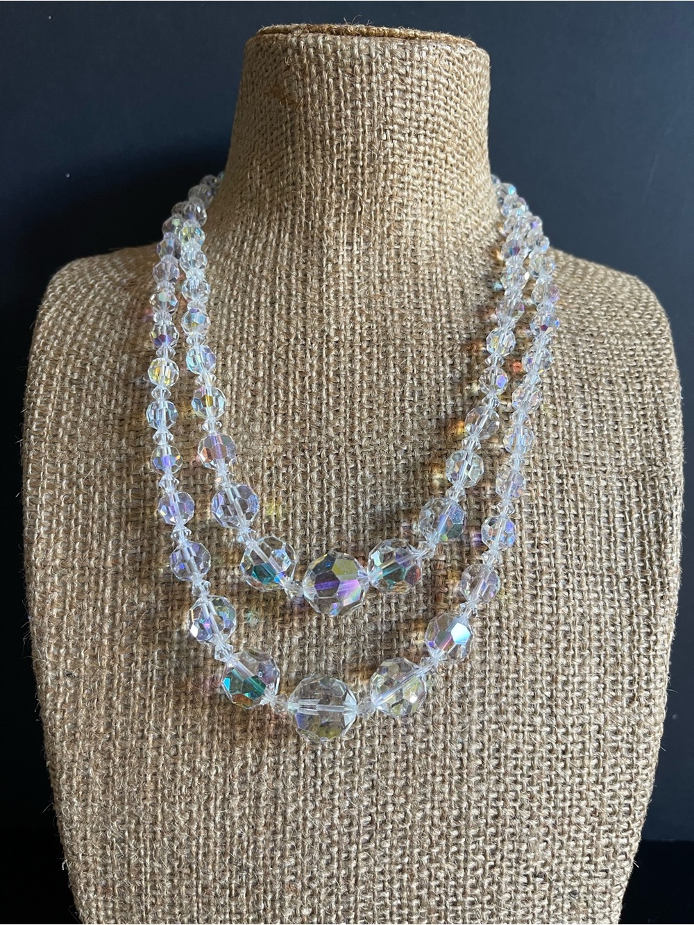 Vintage Crystal Aurora Borealis Beaded Double Strand Necklace with rhinestone cl